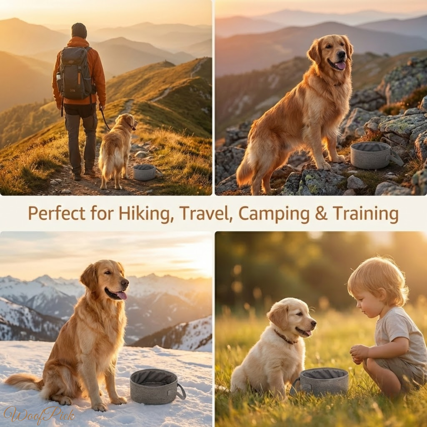 WoofPick collapsible dog bowl perfect for hiking travel camping and training outdoor scenes