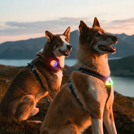 Two dogs wearing LED safety lights on collars at dusk — WoofPick night safety gear