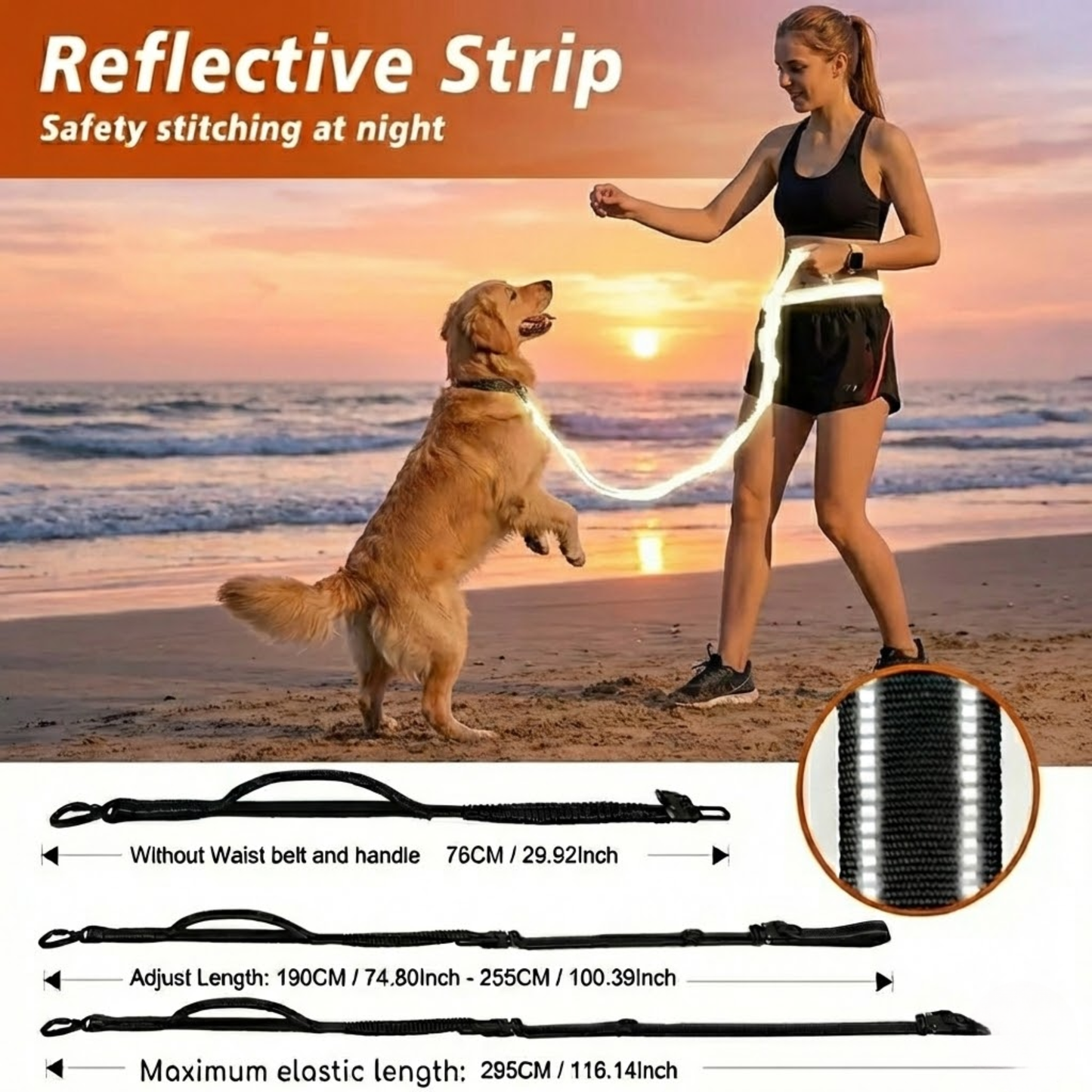 WoofPick hands-free dog leash reflective strip for night safety with length dimensions and beach running scene