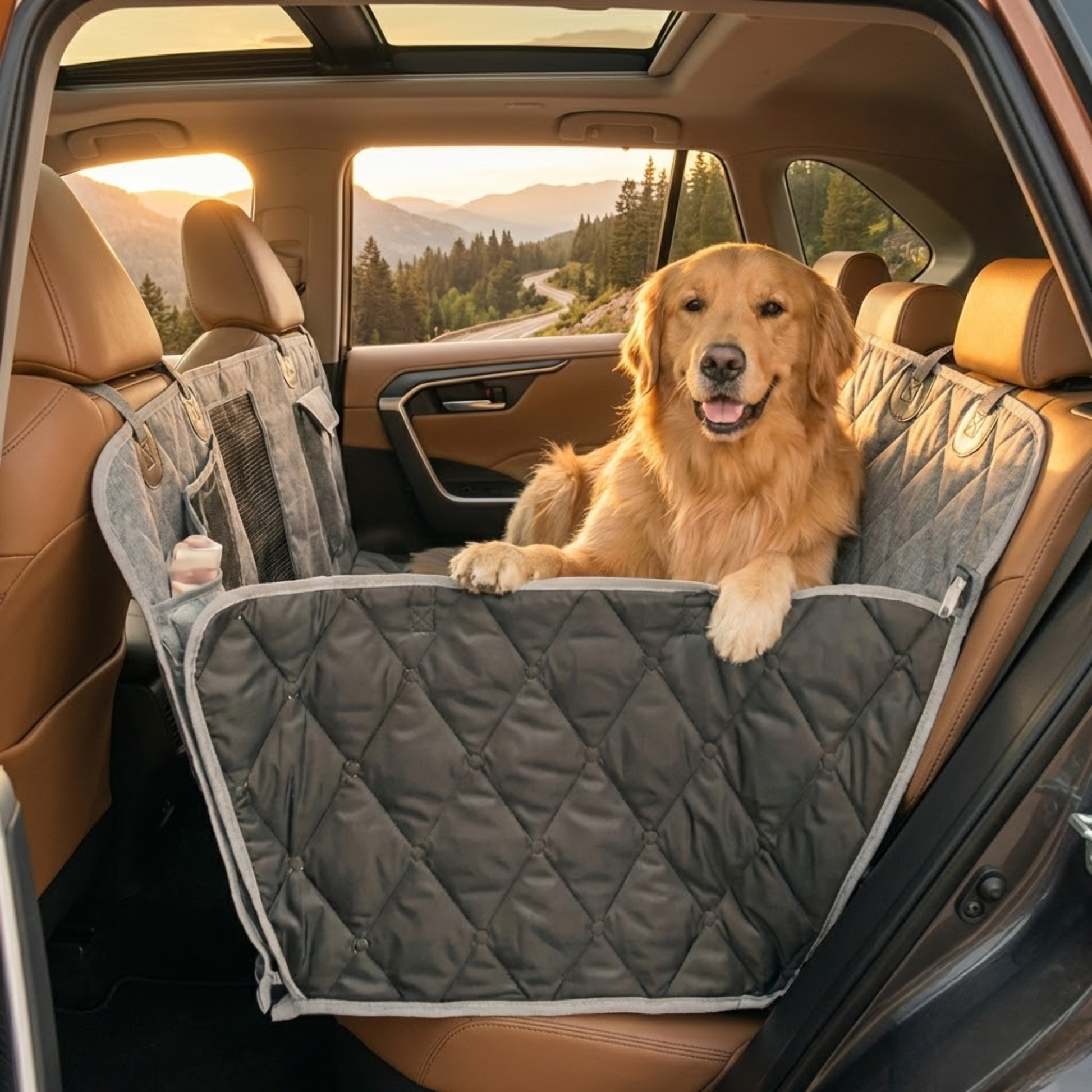 Golden retriever sitting on WoofPick waterproof car seat cover in back seat