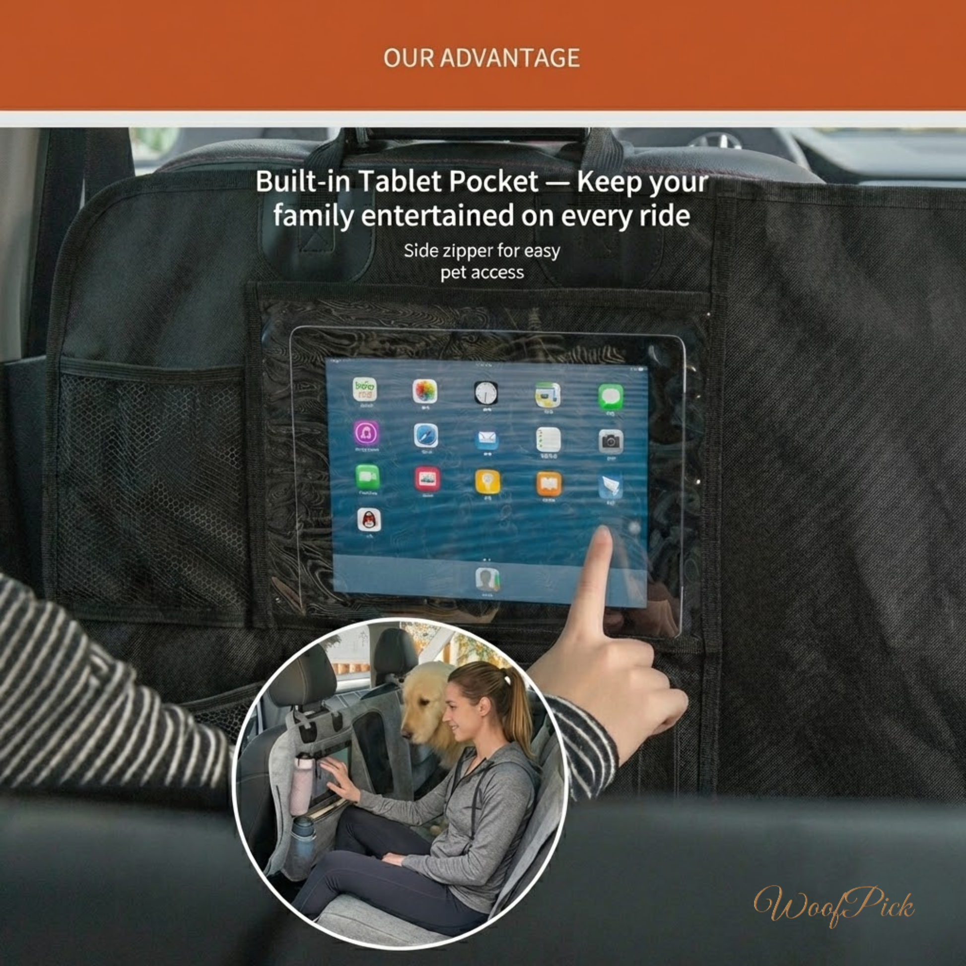 WoofPick car seat cover with mesh window and tablet pocket for rear seat