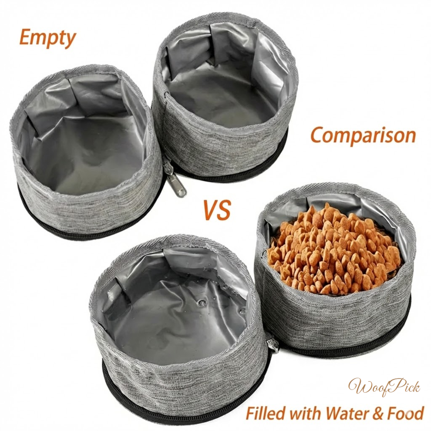 WoofPick collapsible dog bowl comparison empty versus filled with dog food