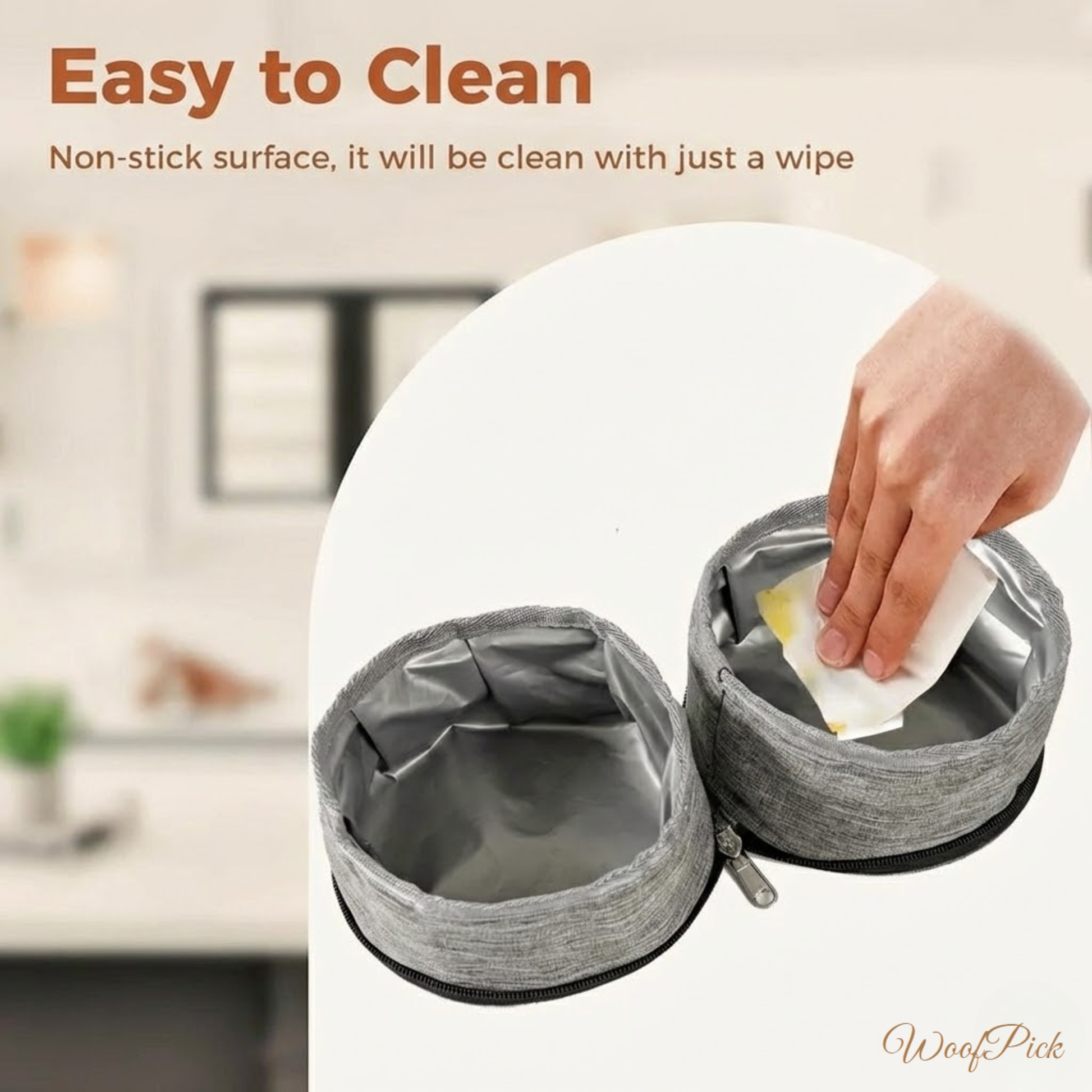 WoofPick collapsible dog bowl easy to clean non-stick surface wipe demonstration