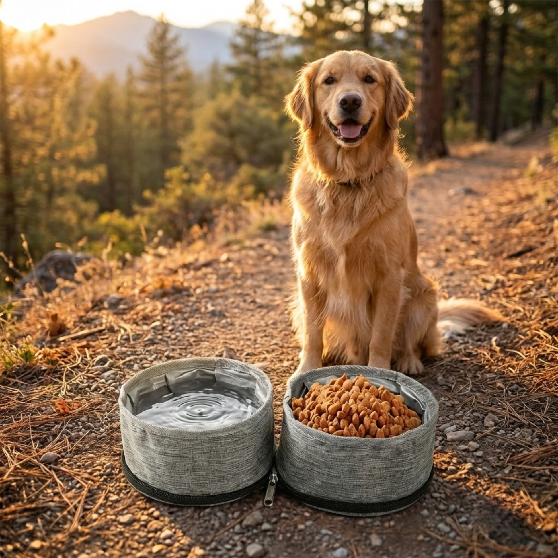 Golden retriever with WoofPick 2-in-1 collapsible dog bowl filled with water and food on hiking trail
