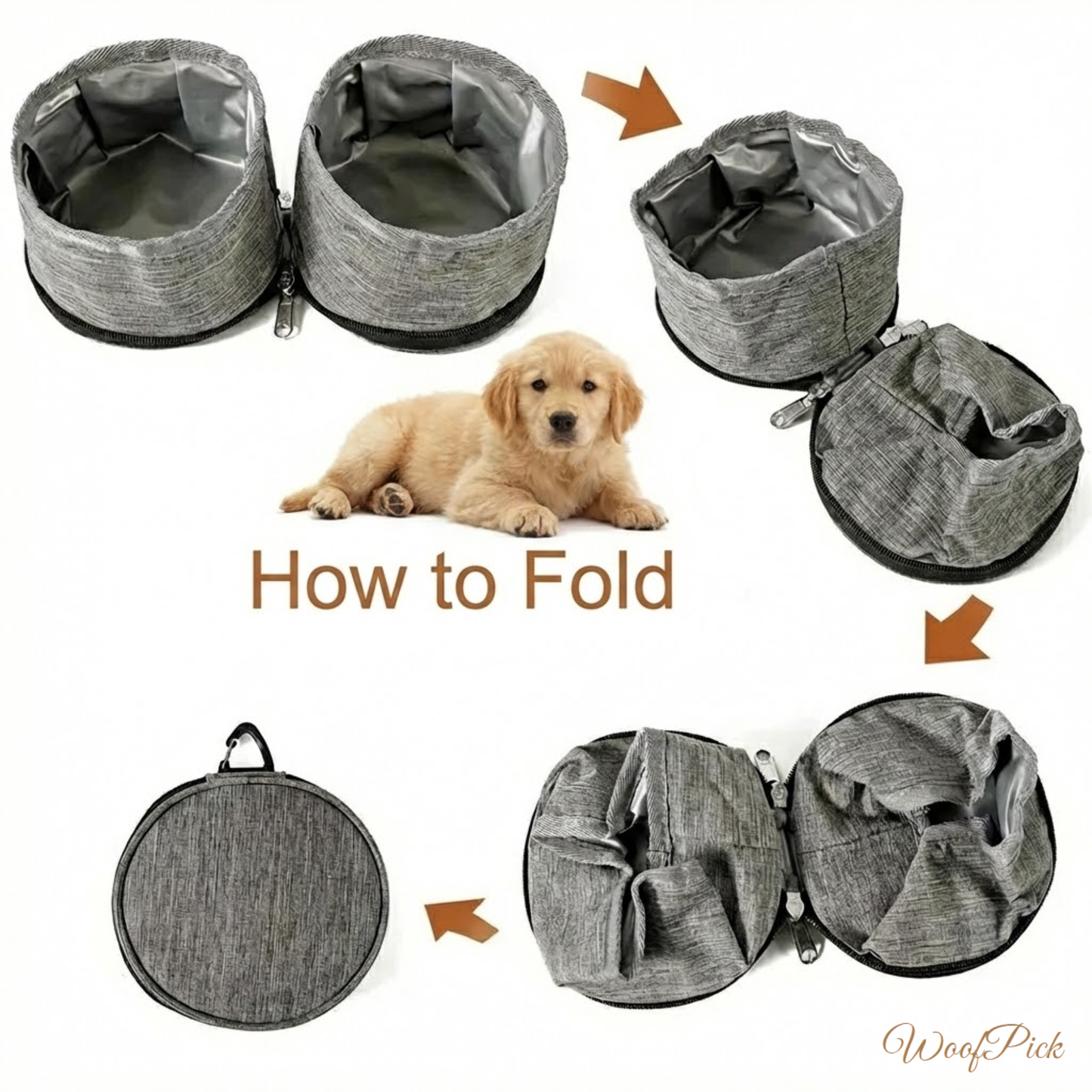 WoofPick collapsible dog bowl step-by-step folding instructions from open to flat
