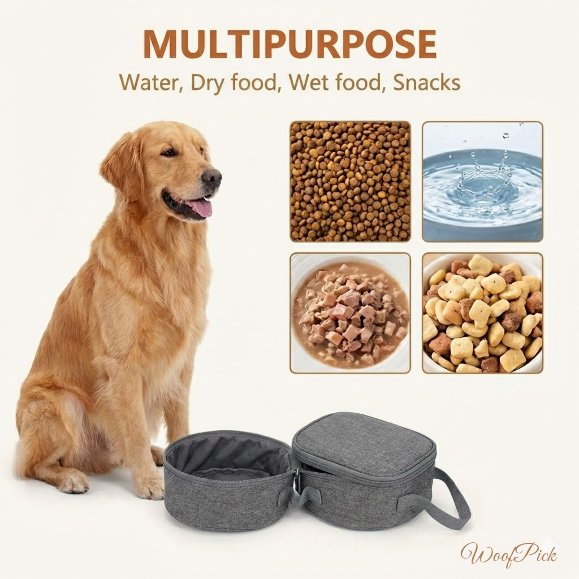 WoofPick collapsible dog bowl multipurpose use for water dry food wet food and snacks
