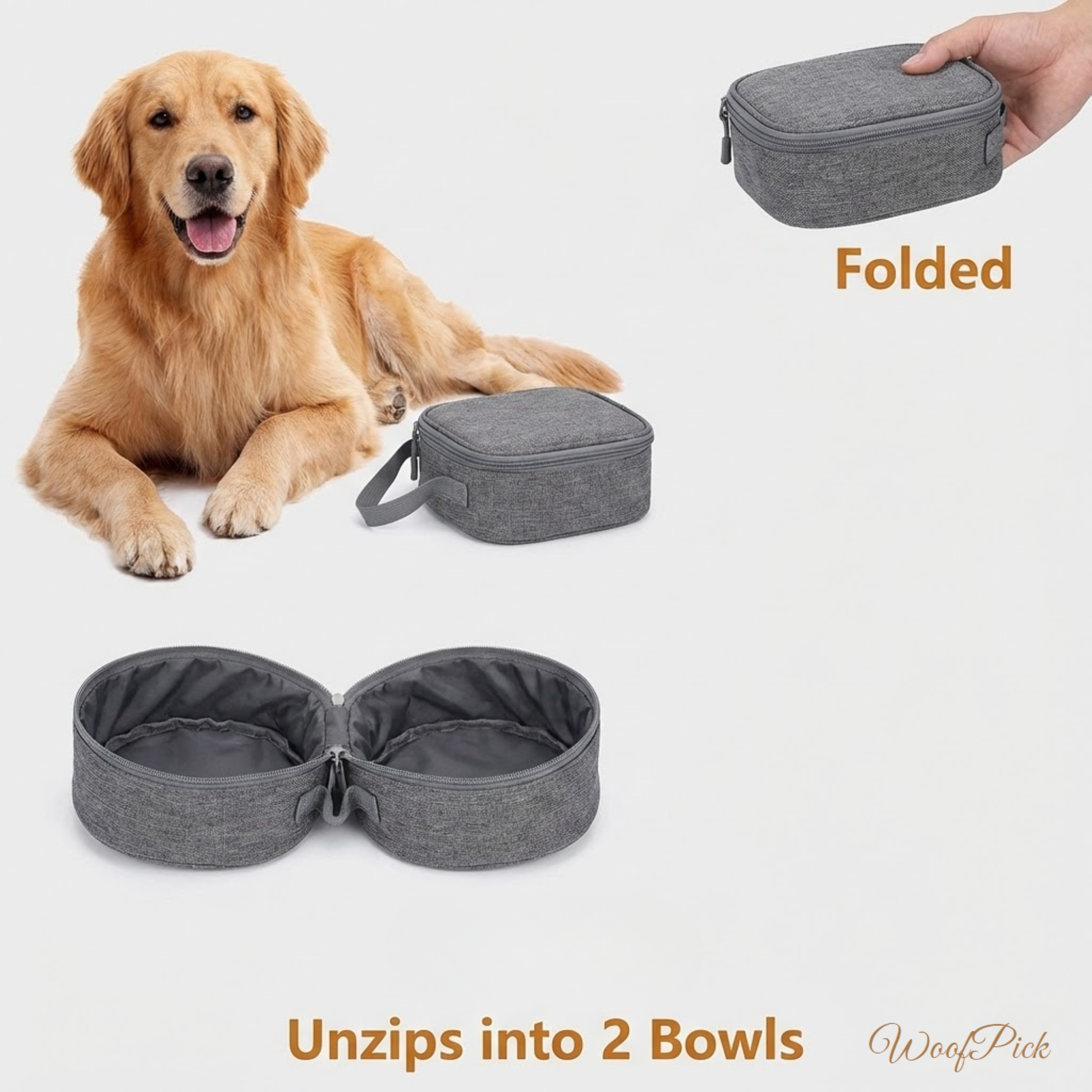 WoofPick collapsible dog bowl folded compact view and unzipped into two separate bowls