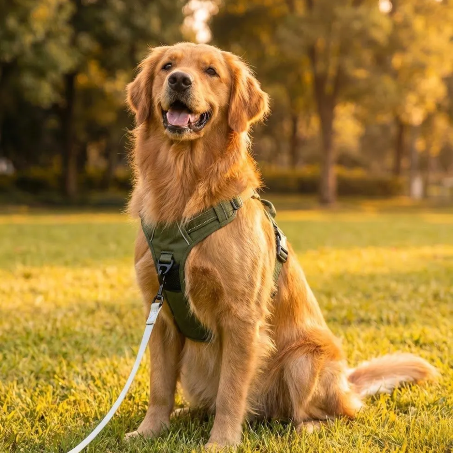 Golden retriever wearing WoofPick dog harness in park setting