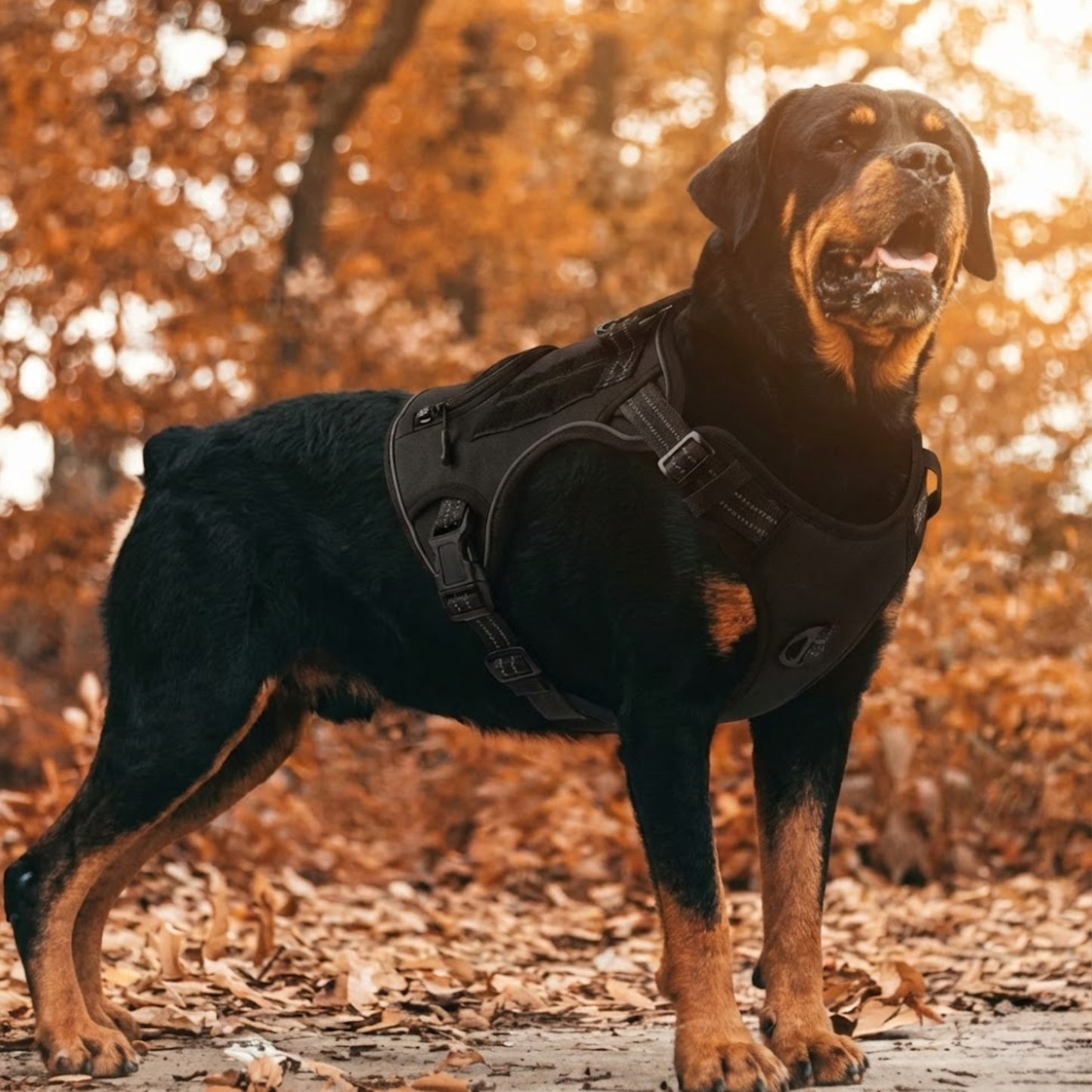 Rottweiler wearing WoofPick dog harness outdoors in autumn