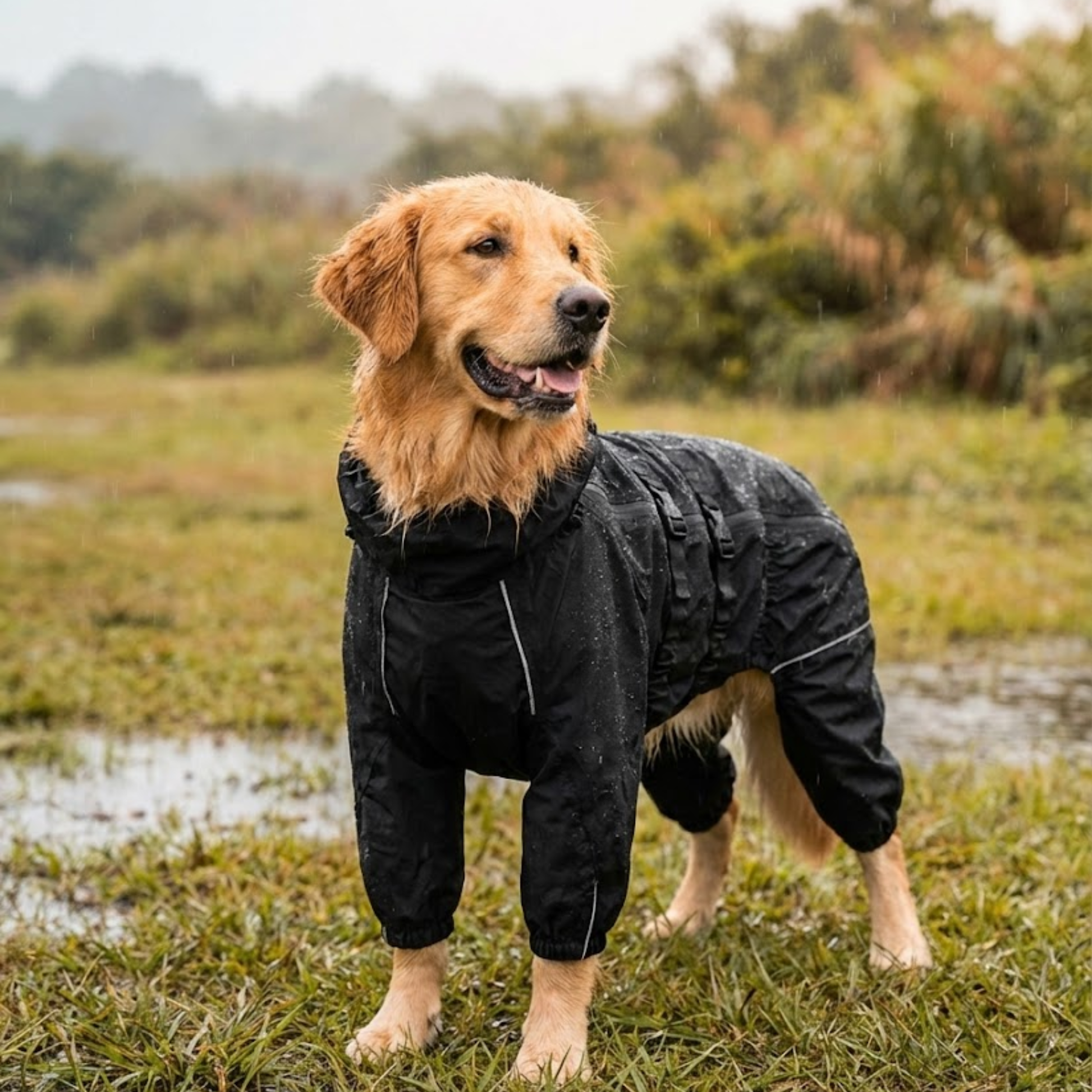 Golden retriever wearing WoofPick waterproof dog raincoat in black outdoors in the rain