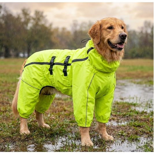 Golden retriever wearing WoofPick high-visibility waterproof dog raincoat in the rain