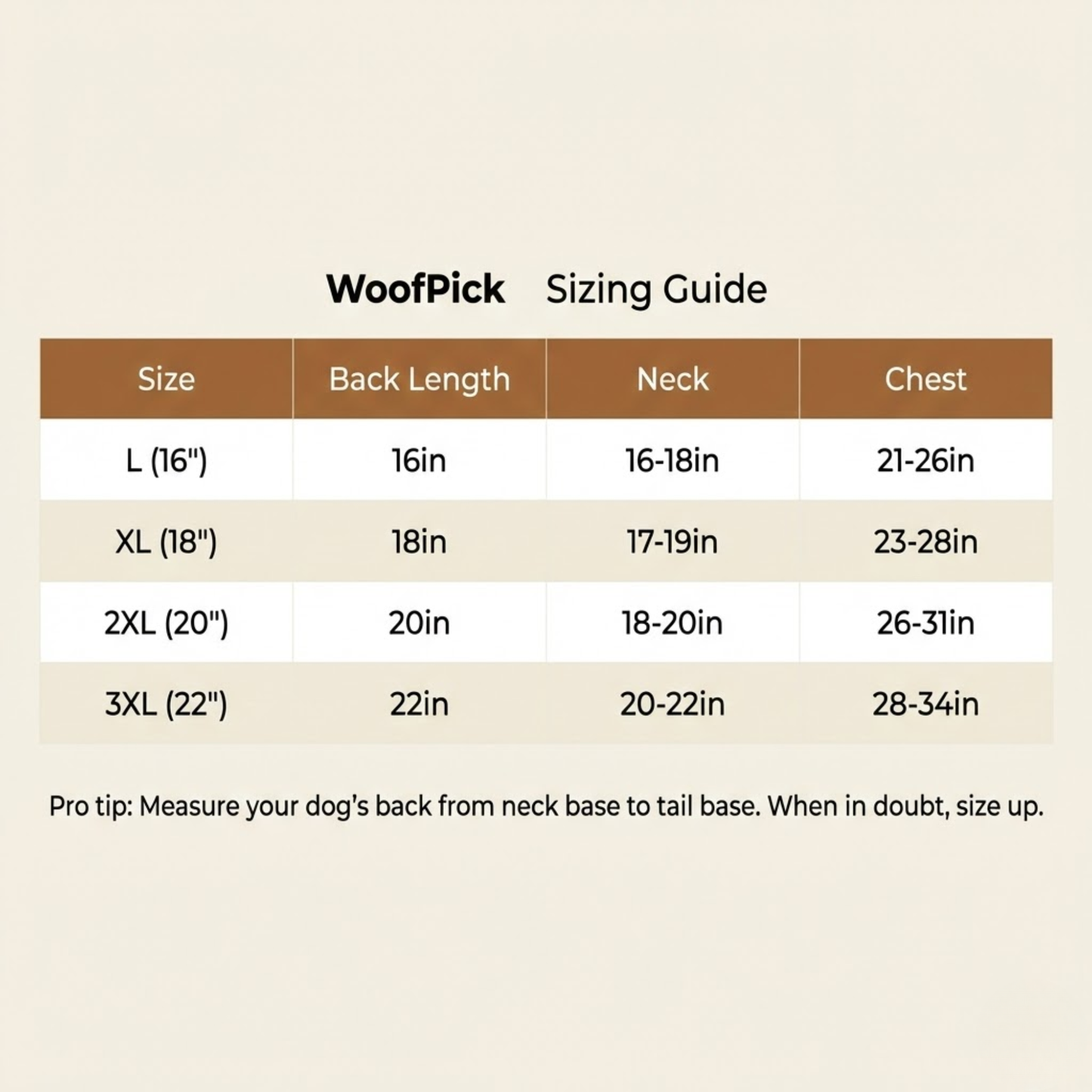 WoofPick dog raincoat sizing guide chart for small to extra large dogs
