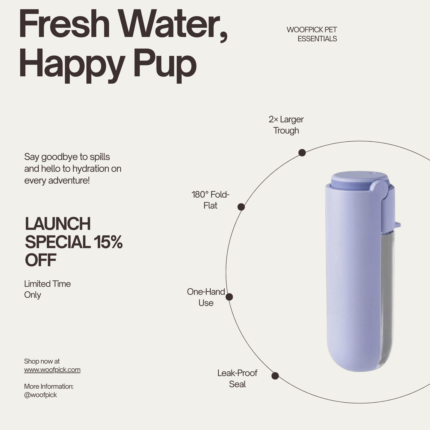 WoofPick portable dog water bottle features including leak-proof seal fold-flat design and one-hand use