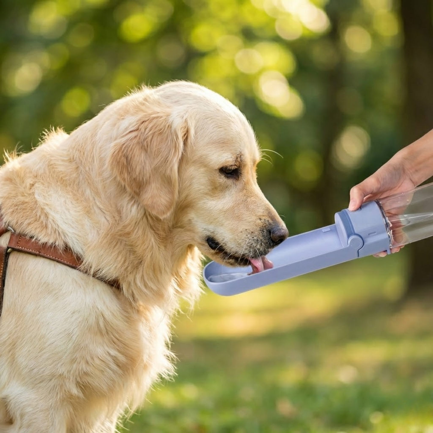 Golden retriever drinking from WoofPick portable dog water bottle in park