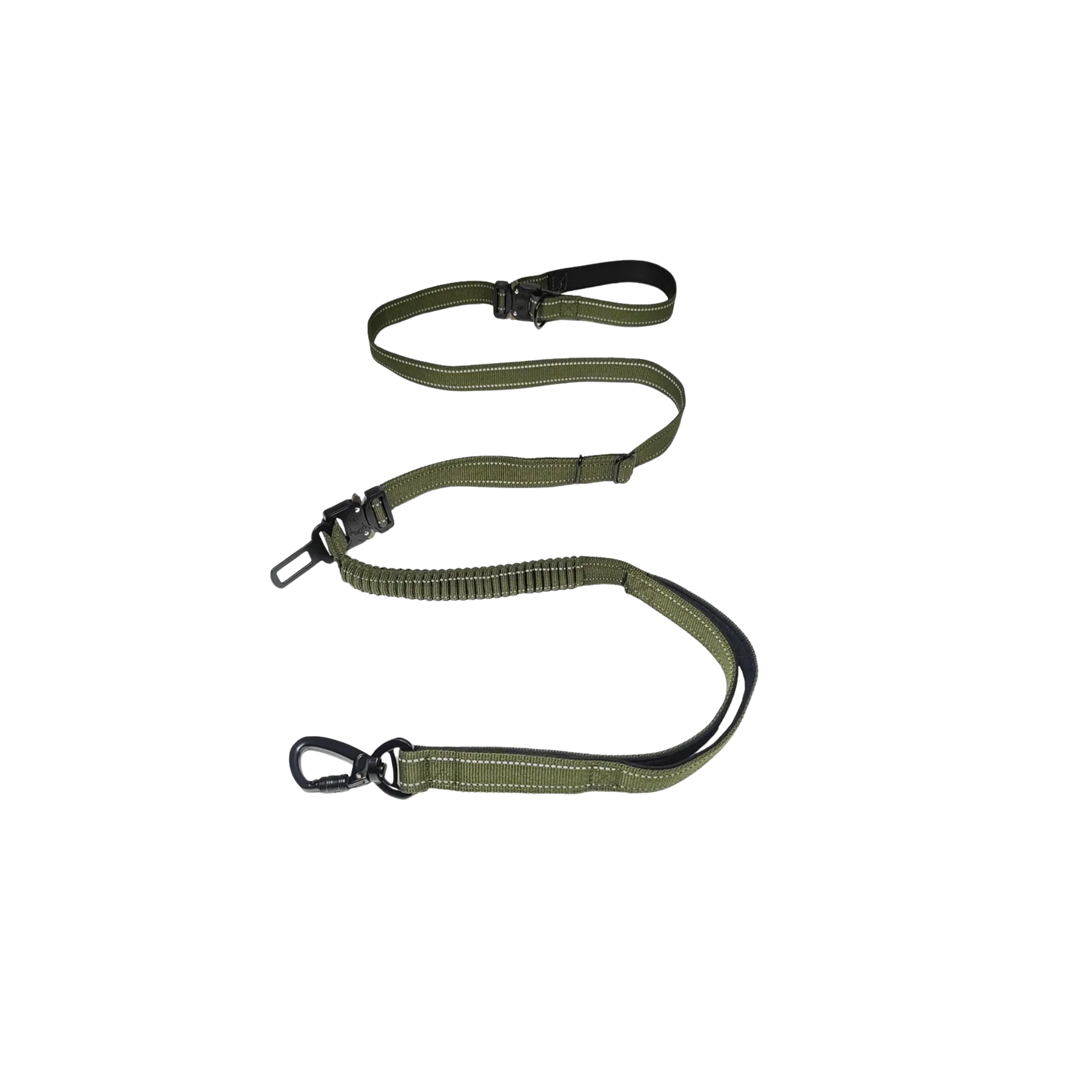 WoofPick hands-free dog leash in army green with bungee shock absorber and waist belt