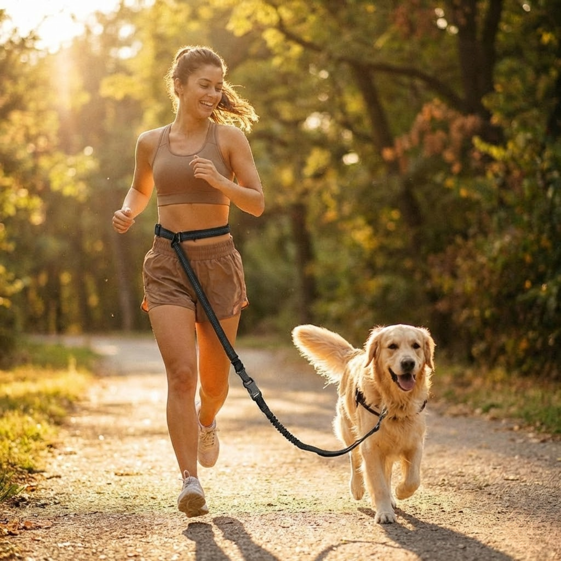 Woman running with golden retriever using WoofPick hands-free dog leash on autumn trail