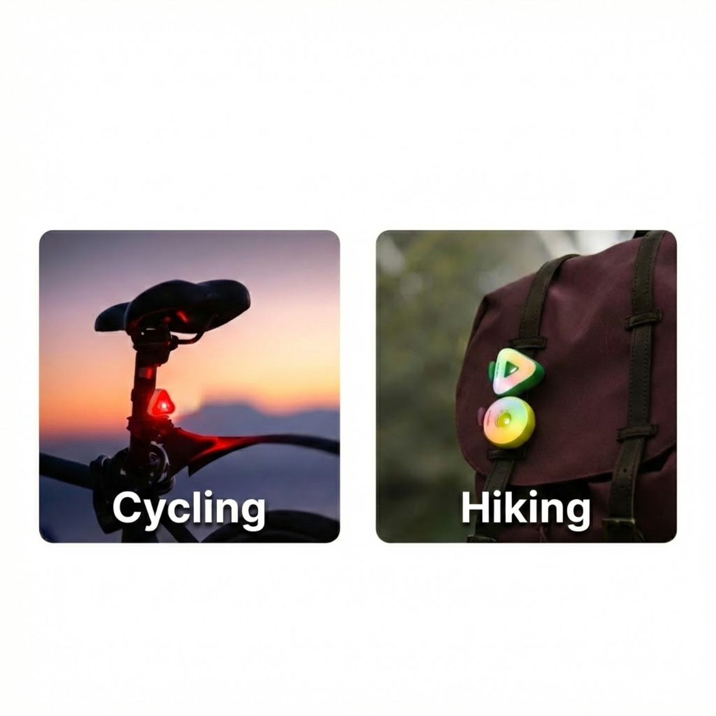  WoofPick LED safety light attached to bicycle and hiking backpack showing versatile use