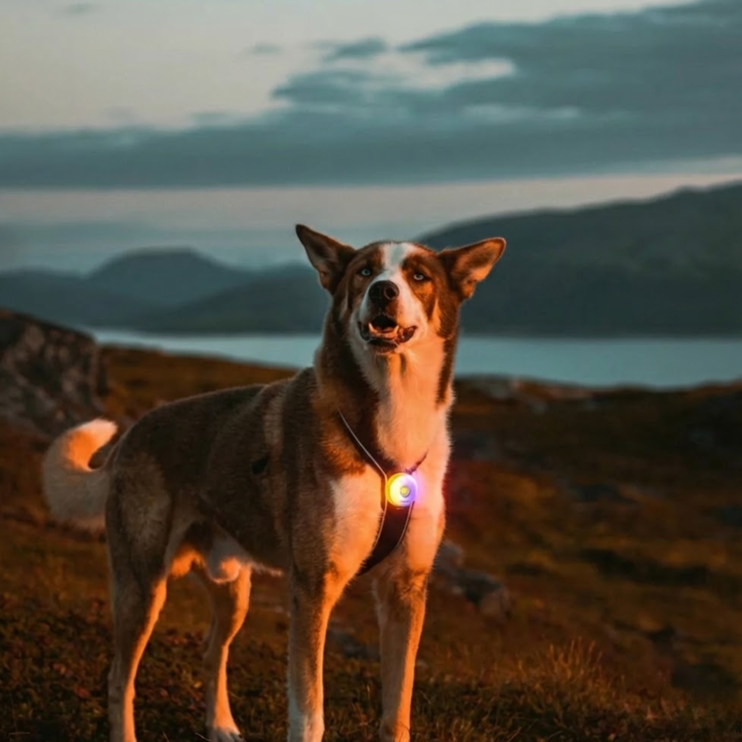 Husky wearing WoofPick LED safety light on collar at night in mountains