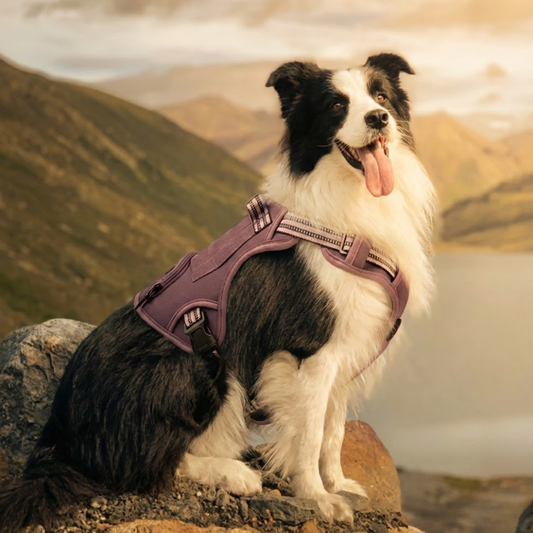Border collie wearing WoofPick no-pull dog harness on mountain trail