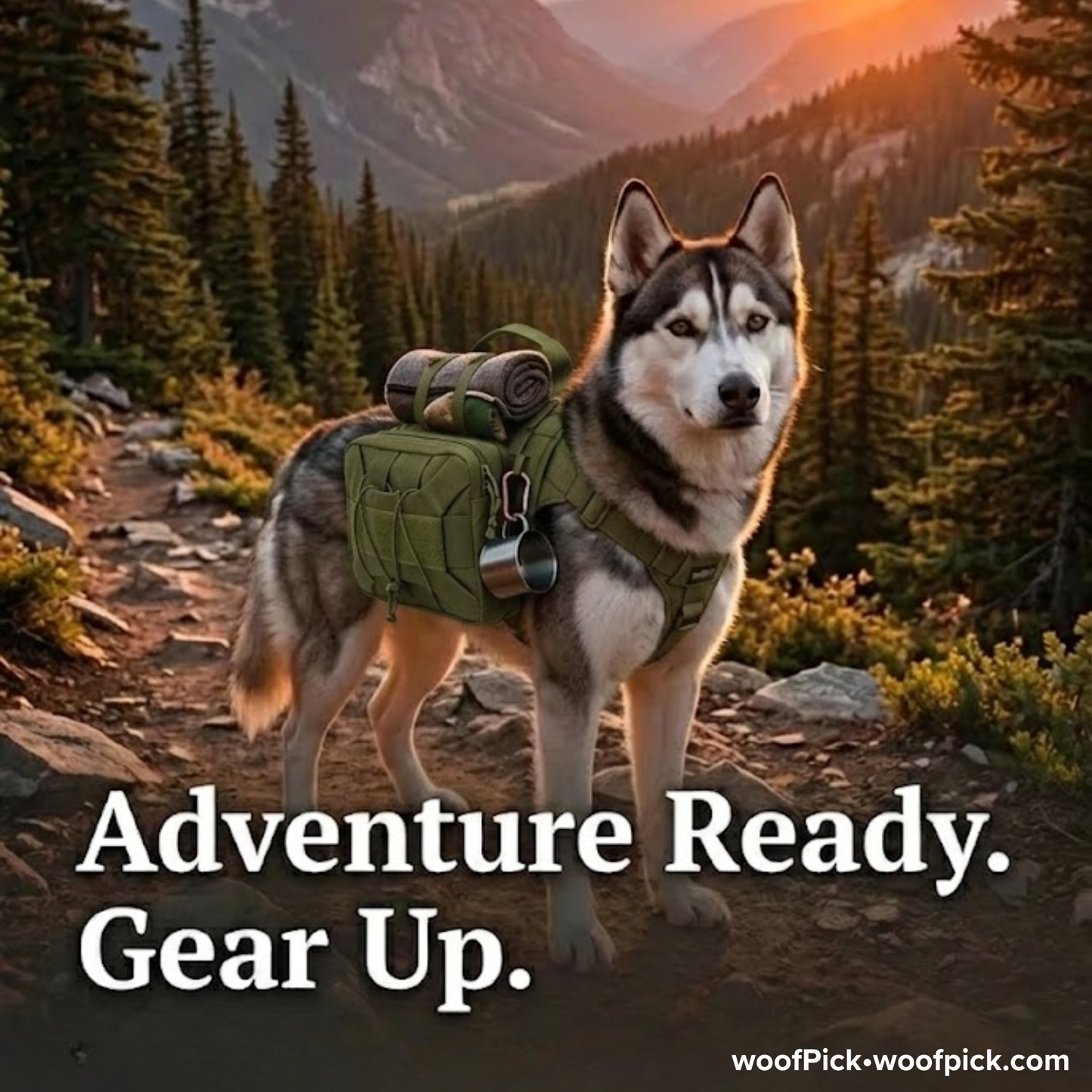 Husky wearing WoofPick tactical backpack with camping gear on mountain trail