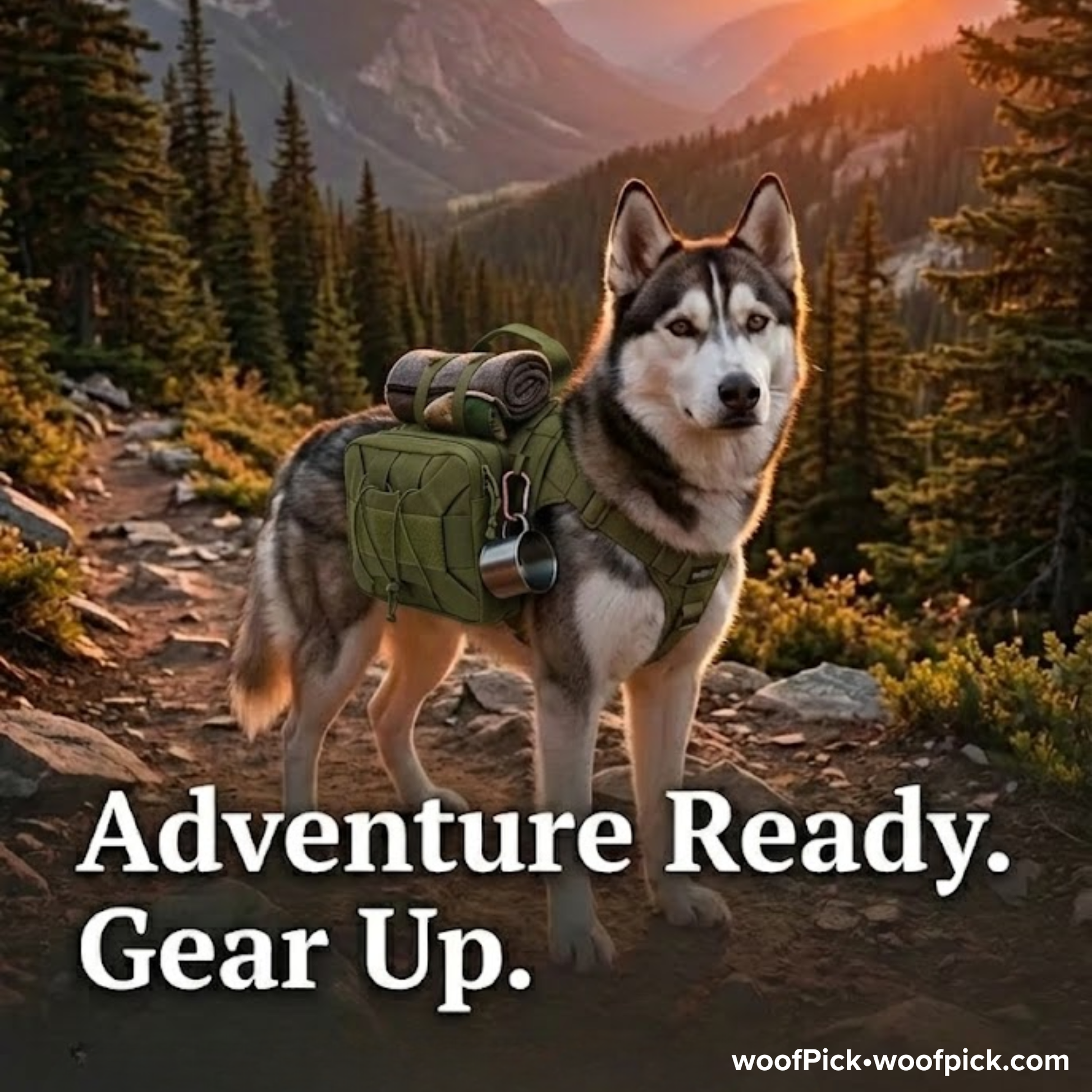 Husky wearing WoofPick tactical backpack with camping gear on mountain trail