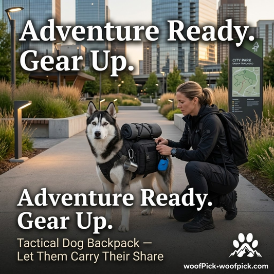 Husky wearing WoofPick tactical dog backpack with owner at urban trailhead — Adventure Ready Gear Up