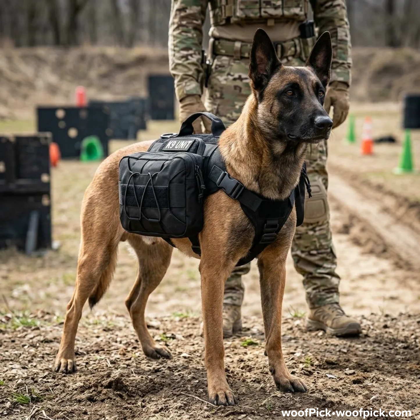 Belgian Malinois wearing WoofPick tactical backpack with MOLLE webbing during K9 training