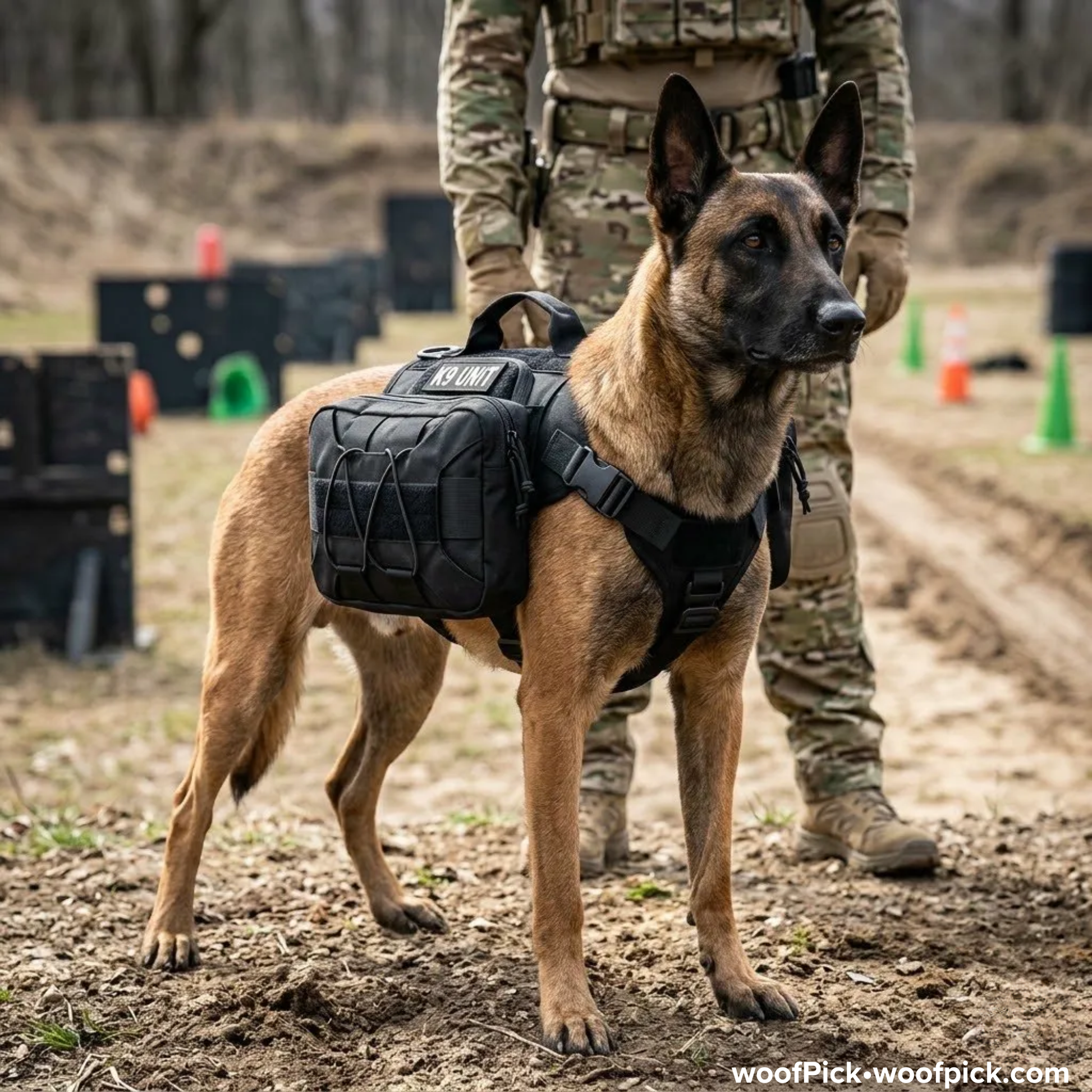 Belgian Malinois wearing WoofPick tactical backpack with MOLLE webbing during K9 training