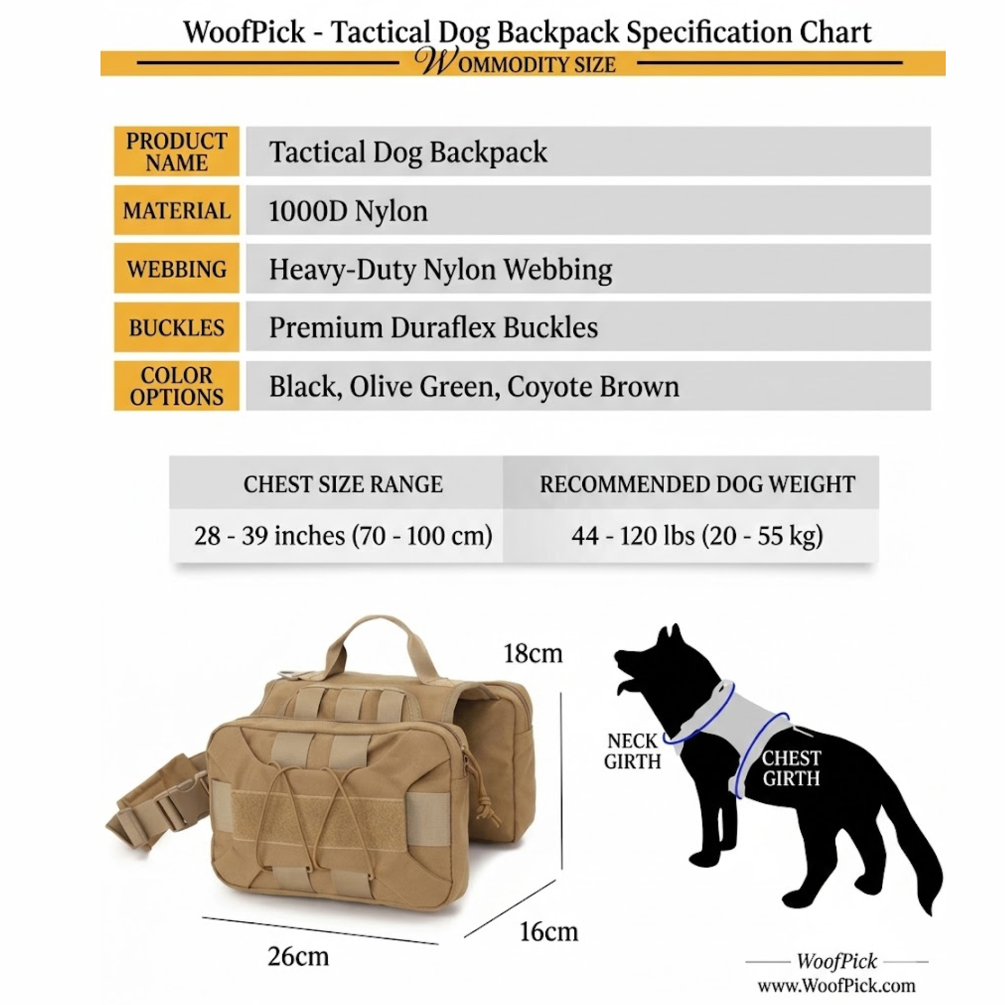 WoofPick tactical dog backpack specification chart showing materials dimensions and sizing guide for 44-120 lb dogs