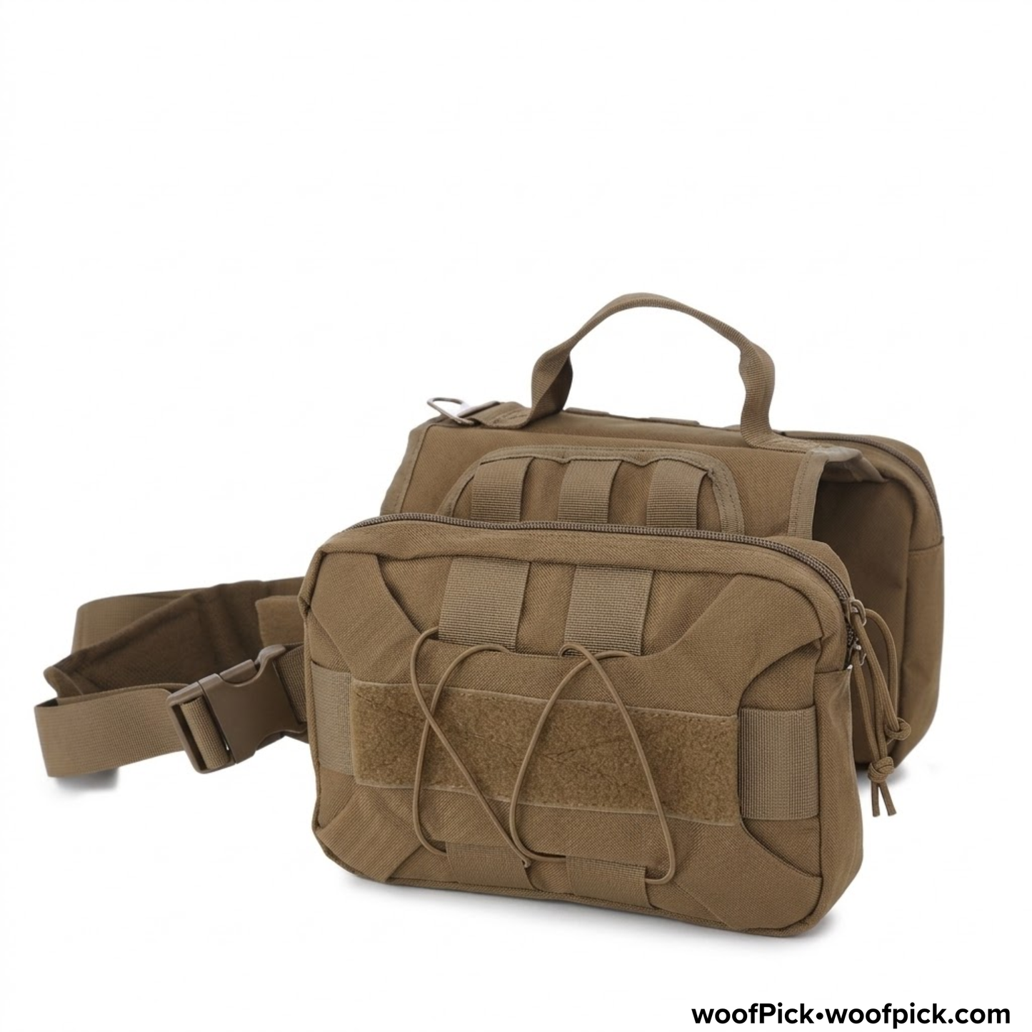 WoofPick tactical dog backpack in coyote brown with MOLLE webbing and multiple compartments
