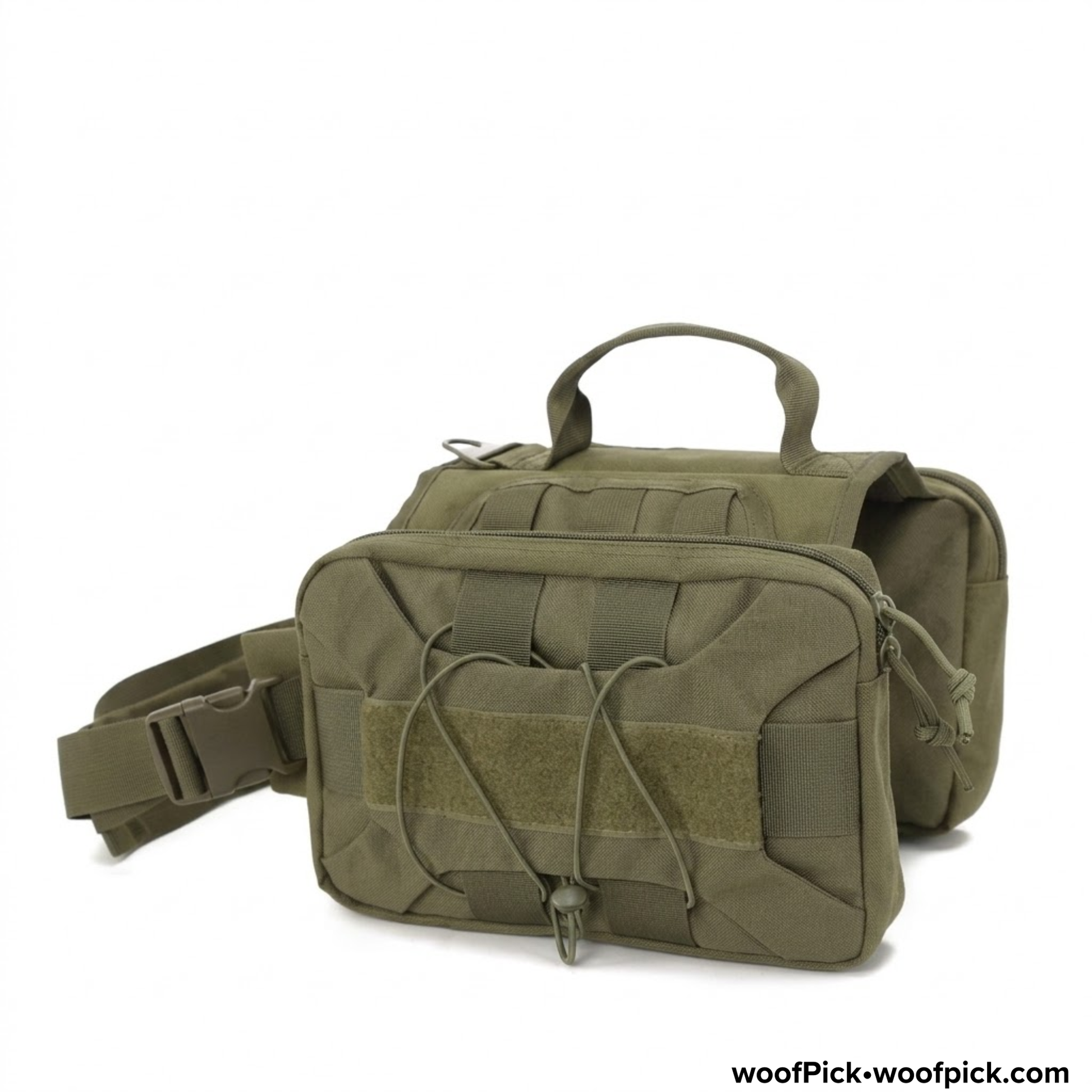 WoofPick tactical dog backpack in olive green with MOLLE webbing and multiple compartments